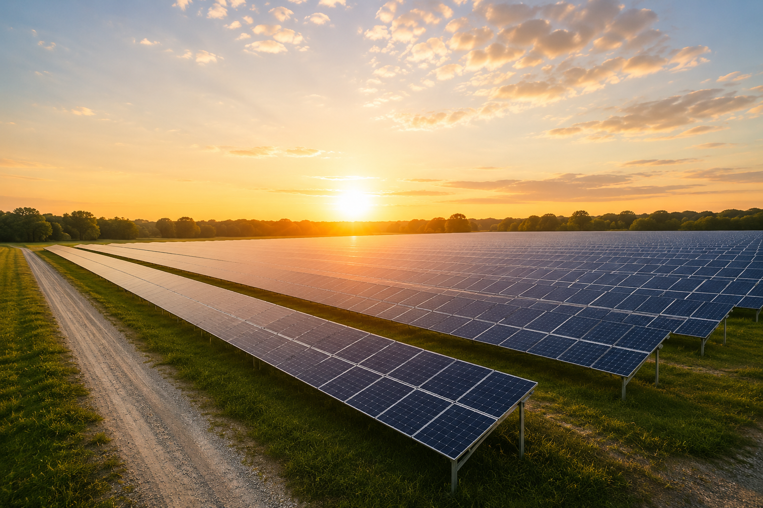 Large-scale solar farm with rows of panels at sunset