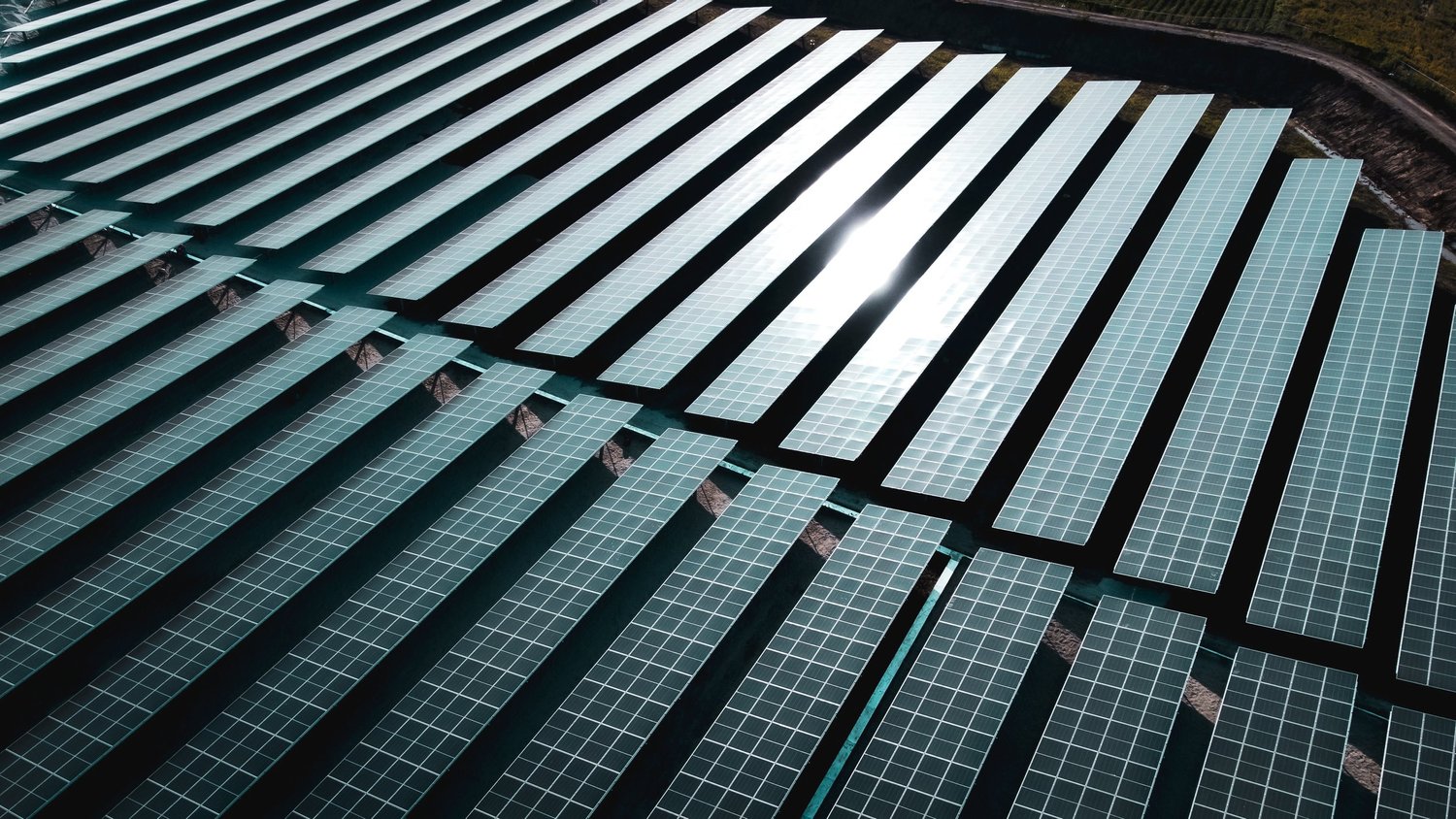 Multiple solar panels installed on the ground reflecting sunlight