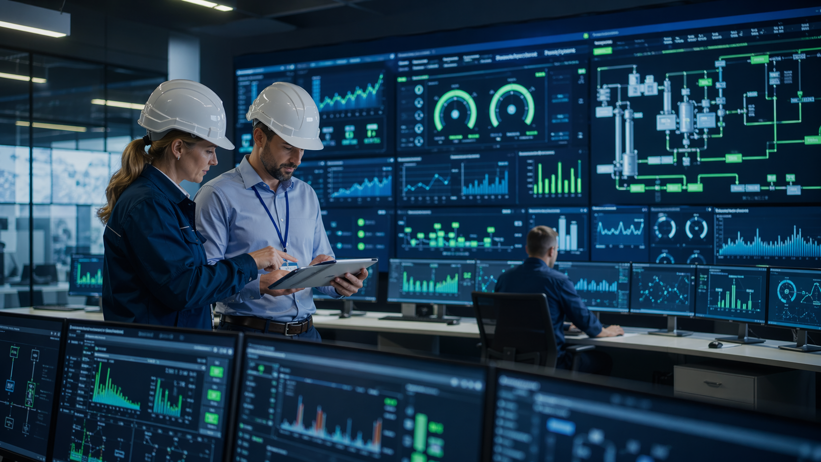 Engineers reviewing industrial energy monitoring dashboards